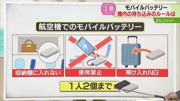機内への持ち込み２個まで　モバイルバッテリーに注意　衝撃や損傷で発煙・発火恐れ　充電も禁止