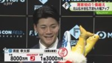 清宮選手「やっとか…」初めて年俸1億円突破　ド派手な黄色スーツ姿で登場の水谷選手は…ほぼ倍に！