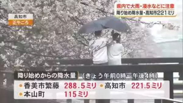 「4日、高知県内で大雨　低い土地の浸水などに注意」の画像