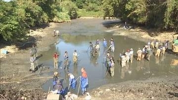 淡路市で伝統的な清掃活動　ため池の水を抜く「かいぼり」実施