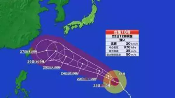 【台風情報】台風18号　26日にかけて沖縄本島に接近へ　23日に「非常に強い」勢力に　24日には勢力ピークに　太平洋沿岸部は高波に注意　台風19号も誕生　22日正午現在