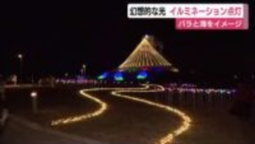 きらめく港に幻想的な光　イルミネーション点灯式　バラと海をイメージ　富士市田子の浦みなと公園