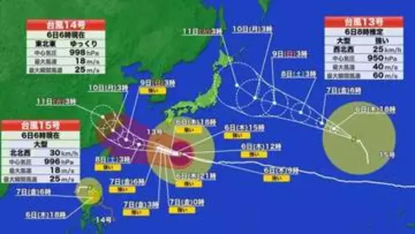 【台風情報】トリプル台風の影響は？　13号接近の沖縄で暴風雨警戒　15号で関東などは海のレジャーに影響か　うねりに注意　海水浴では離岸流に注意