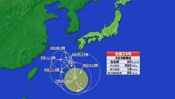 【台風情報】のろのろ迷走　台風24号　予想進路　奄美接近　前線刺激して本州で非常に激しい雨も　長引く雨…土砂災害・浸水・河川の増水に警戒を