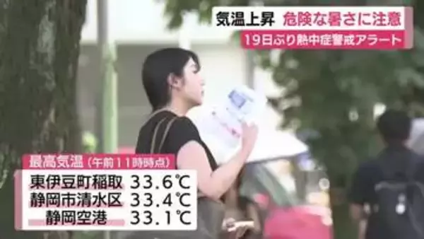 東伊豆町稲取や静岡市などで気温上昇　危険な暑さに注意　静岡県内で19日ぶり熱中症警戒アラート