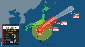 【台風情報】大型で強い台風25号（ドゥージェン）21日夜遅くにかけて関東甲信地方にかなり接近　線状降水帯が発生するおそれがある地域は？（21日午前9時現在）【雨風シミュレーション（21日～26日）】