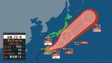 【台風情報】非常に強い台風26号（スリゲ）10月1日頃は東海、関東地方に接近のおそれ（28日午後3時更新）【雨風シミュレーション（28日～10月3日）】