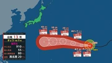 【台風情報】台風13号（ドルフィン）は猛烈な勢力で西進　4日には非常に強い勢力で小笠原近海へ　暴風や高波に警戒（30日午前9時現在）【雨風シミュレーション30日～8月9日】