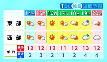 【週末・宮城の天気】晴れや曇りで気温は平年より高い　スギ花粉の飛散がピークを迎える　tbc気象台（13日午後4時現在）