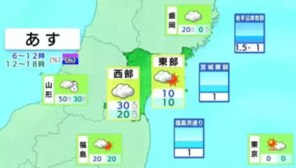 県東部：おおむね曇りや晴れ　県西部：雲が広がりやすく、昼過ぎまで雪や雨の所も　tbc気象台（9日午後4時現在）