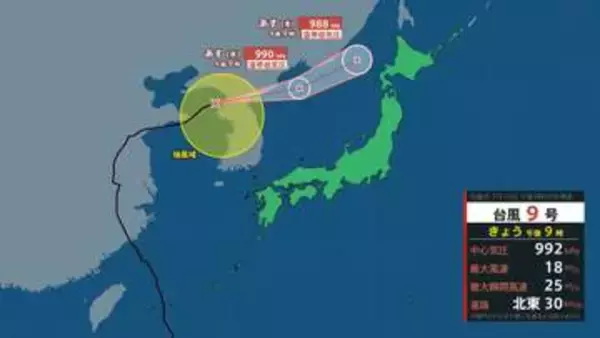 【台風情報】台風9号は黄海を北東に進む　15日中には温帯低気圧に変わる見込み
