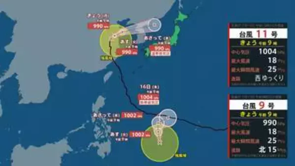 【台風情報】台風11号（ハイシェン）がフィリピンの東で発生　16日（木）には熱帯低気圧に戻る見込み　台風9号（バービー）は温帯低気圧として15日（水）以降北日本に接近　警報級の大雨もたらすおそれも【雨風シミュレーション13日～18日】