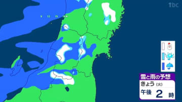 午後から天気下り坂で仙台・最高気温9℃予想【雨・雪雲シュミレーション午後1時～】西部中心に雨で東部でもにわか雨の可能性　tbc気象台