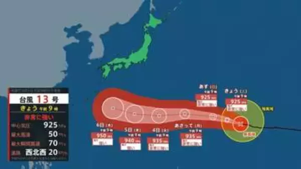 【台風情報】非常に強い台風13号（ドルフィン）は6日には強い勢力で日本の南の海上へ（1日午前9時更新）　高波と暑さに警戒　熊本は3日に40度の酷暑日予想【雨風シミュレーション1日～11日】