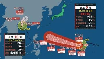 【ダブル台風】台風9号（バービー)6日未明には予想最大瞬間風速85m/sに、台風10号（メイサーク）の動向は（4日午前4時現在）【雨雲シミュレーション4日～9日】