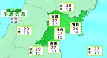【16日宮城の天気】各地で青空広がる　最高気温・仙台で27℃予想　tbc気象台(15日午後4時現在)