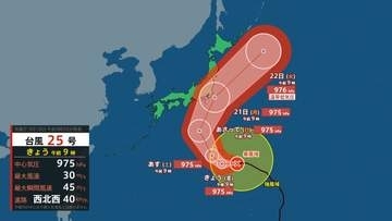 【台風情報】台風25号（ドゥージェン）は21日（月）に暴風域伴い関東にかなり接近へ　シルバーウィークの行楽は大荒れのおそれ【雨風シミュレーション（18日～23日）】