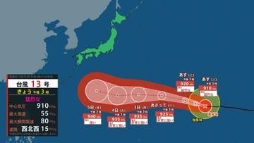 【台風情報】猛烈な台風13号（ドルフィン）　8月3日（月）頃に非常に強い勢力で小笠原近海へ　西日本・南西諸島も高波に十分注意（31日午後3時現在）【雨風シミュレーション（31日（金）～8月10日（月））】