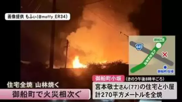 御船町で火災相次ぐ　住宅と小屋が全焼する火災　山林火災も　いずれもけが人なし