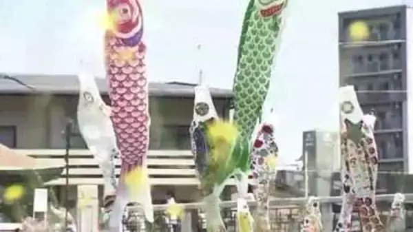 大空泳ぐ“特製こいのぼり”に歓喜の声　地元の園児がキャップや菓子袋を再利用して作る　約350匹が泳ぐ板櫃川　福岡・北九州市