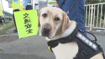 合言葉は「事故に遭ワン」　千曲市の国道で犬と警察が交通安全呼び掛け　今年は日没後に発生する事故が増加　「参加した犬のおまわりさんのように堂々と、時間に余裕をもって」
