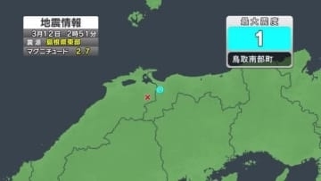 島根県東部を震源とするマグニチュード2.7の地震　鳥取県南部町で震度1観測　津波の心配なし