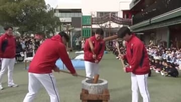 憧れのカープ・サンフレッチェの選手と園児が餅つき　堂林、末包、森下選手らとぺったん！サンフレ菅選手も