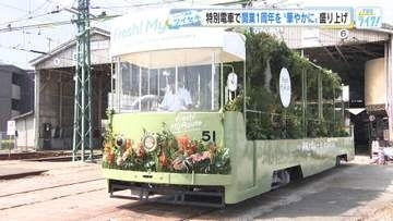 広島電鉄「駅前大橋ルート開業から１年」　枝や切り花５５０本で装飾の企画電車１カ月の限定運行