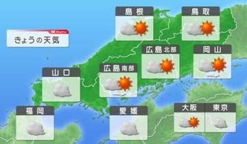 【きょうの広島の天気】晴れたり曇ったりの変わりやすい天気　午後は北部の山沿いを中心ににわか雨の可能性