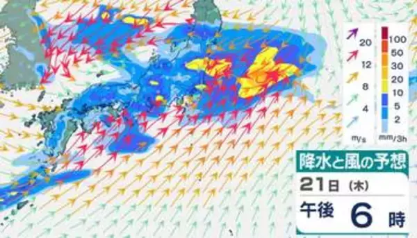 【前線停滞】西日本、東日本は21日夜にかけて大気の状態が非常に不安定…落雷や急な強い雨、竜巻などの激しい突風に注意　前線が東シナ海から日本海を通り太平洋側へ【雨と風のシミュレーション】