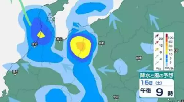 【気象警報】富山県で1時間50ミリの激しい雨のおそれ…15日夜遅くまで土砂災害や河川増水、ひょうに警戒【雨と風のシミュレーション】