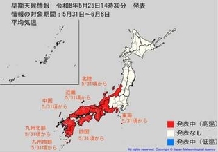 “10年に1度”の著しい高温のおそれ…31日～6月8日ごろにかけて　北陸〜九州南部で気温上昇の可能性　北陸は平年比+2.0℃以上か