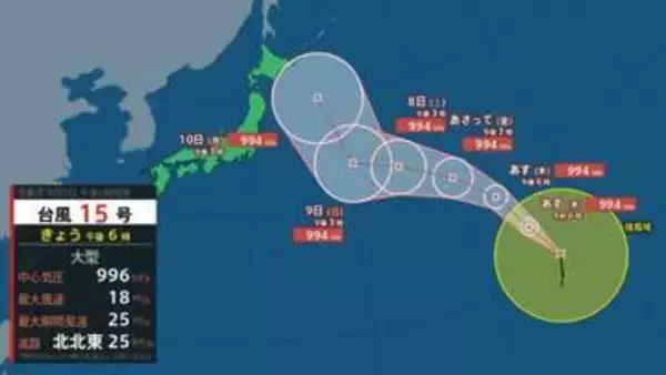 【トリプル台風】台風15号（チャンホン）が発生　強風域半径560kmの大型サイズで北北東へ進む　中心気圧998hPa・最大瞬間風速25m【雨と風のシミュレーション】