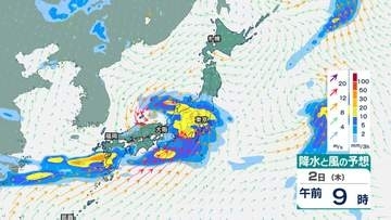 【気象情報】関東甲信地方　2日未明から昼前にかけて雷を伴った1時間に30ミリの激しい雨の降る所も…警報級の大雨となる可能性　土砂災害や低い土地の浸水、河川の増水に注意・警戒【雨と風のシミュレーション】