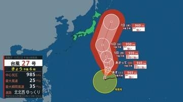 【台風情報】台風27号（チョーイワン）5日（日）に中心気圧935hPaまで発達へ「非常に強い」勢力で小笠原近海を北上　5日（日）～7日（水）北日本〜西日本で雨に警戒【雨と風のシミュレーション】