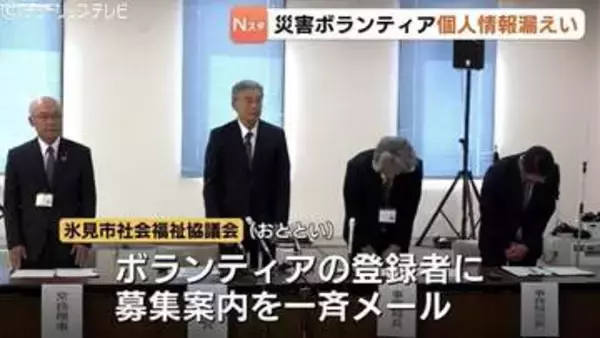 能登半島地震の災害ボランティア個人情報漏えい　氷見市社会福祉協議会がメール誤送信　県内外の955人分のメールアドレスなど