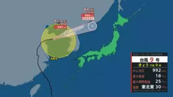 【台風9号】進路を急旋回、日本海へ「逆戻り」の恐れ 明日15日(水)に温帯低気圧として接近へ【雨と風のシミュレーション】
