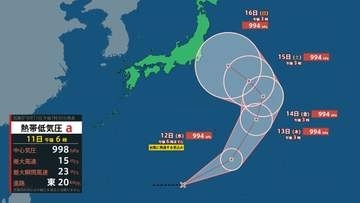 【台風のたまご】日本の南の熱帯低気圧　12日夕方までに発達へ　小笠原近海で最大瞬間風速25m予想【雨と風のシミュレーション】