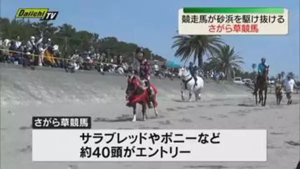 砂浜を駆け抜ける「さがら草競馬」 竜巻災害からの復興願い 北海道から「ばん馬」も（静岡・牧之原市）