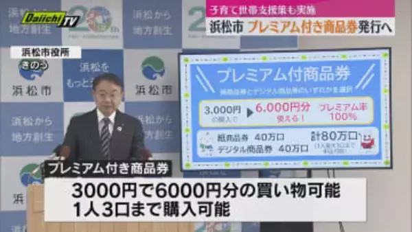 1口3000円で6000円分のお買い物　浜松市「プレミアム付き商品券」発行へ　補正予算案発表
