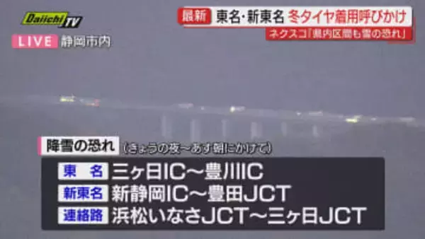 【道路情報】全国的に強い寒気の影響…県内高速道路は3日夜から4日朝にかけ降雪予想で冬用タイヤ装着など呼びかけ(ネクスコ中日本)