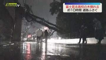 富士宮北高校敷地内の木が　道路をまたいで反対側の倉庫の屋根に倒れる　約10時間通行止めに（静岡）