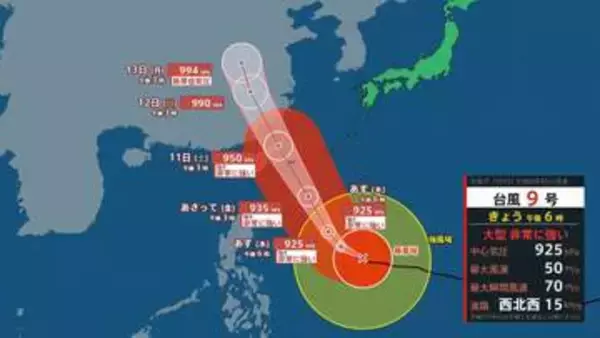 【台風9号】10～11日頃に先島諸島にかなり接近“最大瞬間風速70m/s”非常に強い勢力維持…影響は？今後の進路、雨と風のシミュレーションを見る（気象庁）