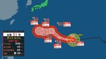 【台風情報】最大瞬間風速65m/s“非常に強い”勢力の台風31号（インファ）　蛇行しながら沖縄方面へ…今後の日本への影響は？　雨と風のシミュレーション（気象庁）