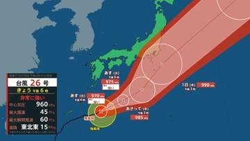 【台風情報】急カーブの台風26号(スリゲ)　10月1日にも関東に接近のおそれ　最大瞬間風速60メートル “非常に強い”勢力　10月3日までの雨と風のシミュレーションを見る(気象庁 28日午後6時45分発表)