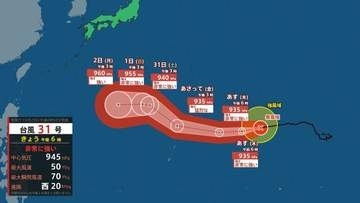 【台風情報】30日にも“猛烈な勢力”に　中心気圧935hPa・最大瞬間風速75m/sへと発達見込み　台風31号（インファ）　雨と風のシミュレーションも掲載（気象庁）