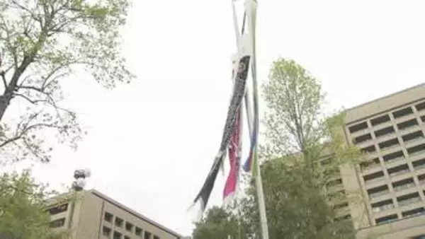 青空に悠々と　こどもの日を前にこいのぼり　園児たちが掲揚　山口県庁前庭