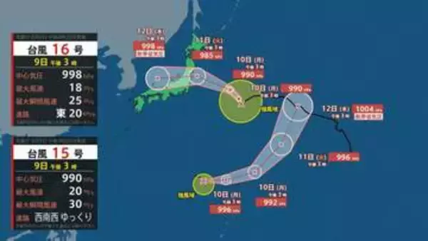 【お盆休みは台風に注意！】台風15号（チャンホン）東から西へ本州横断か　11日（火）～12日（水）かけて　日本の南側に台風１６号（ペイロー）も発生…今後の予想進路・雨と風のシミュレーションを見る （気象庁）