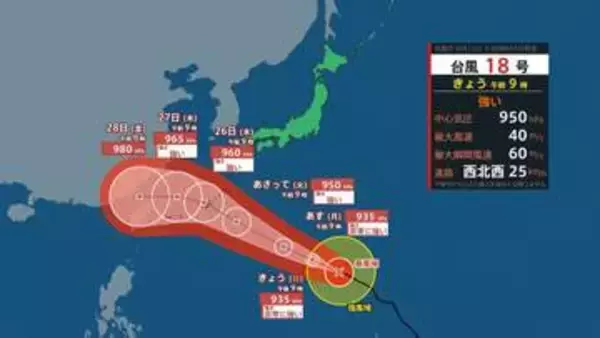 【台風情報】台風18号(ソウデル)最大瞬間風速65 m/s 23日夜に「非常に強い勢力」に発達か　26日に沖縄に接近の恐れ　今後の雨と風のシミュレーションを見る（気象庁）