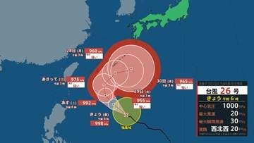 【台風情報】台風26号(スリゲ) 急カーブし沖縄方面へ…本州(関東など)接近の可能性も　中心気圧955ヘクトパスカル・最大瞬間風速60m/s“強い勢力”の予想…雨と風のシミュレーションを見る (気象庁25日午前6時45分発表)